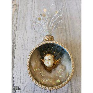Vintage cherub angel Xmas ornament decor unique glitter gold